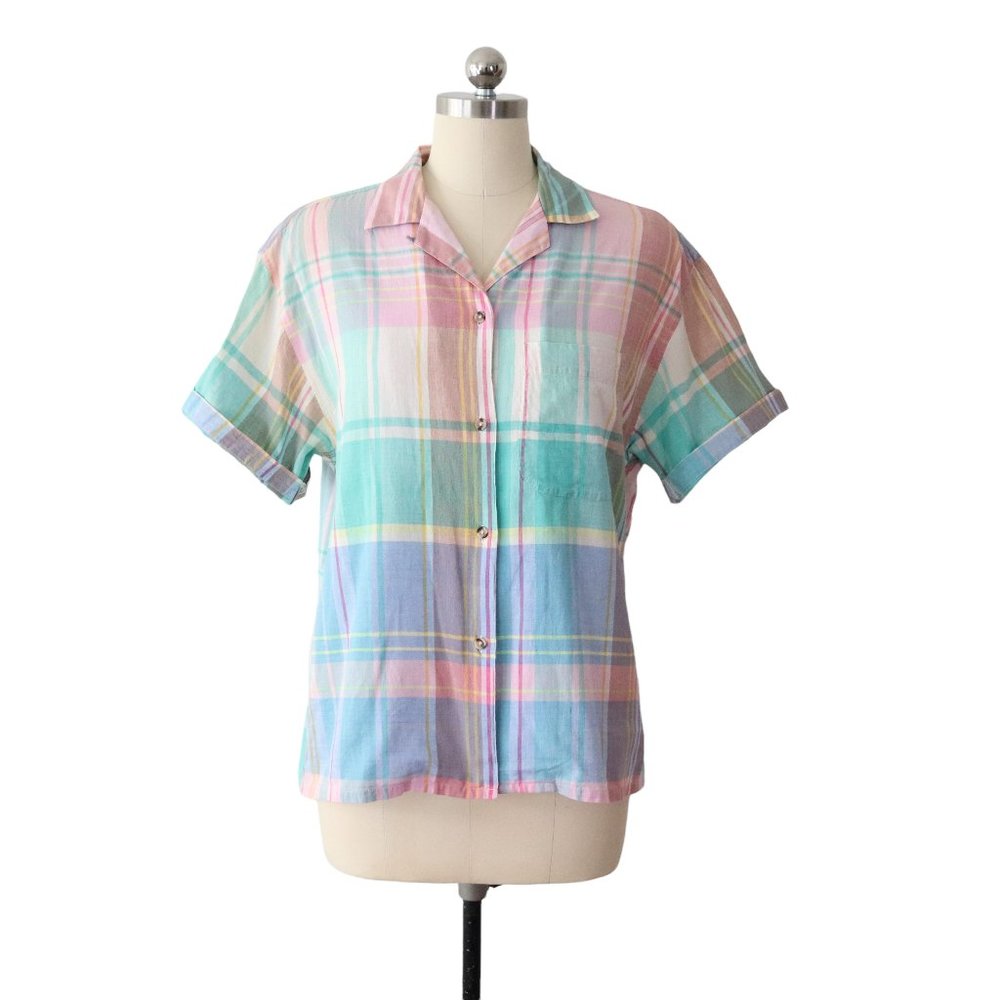 SOLD vintage 80s 90s eddie bauer pastel plaid button shirt M/L madras blouse - Picture 2 of 9